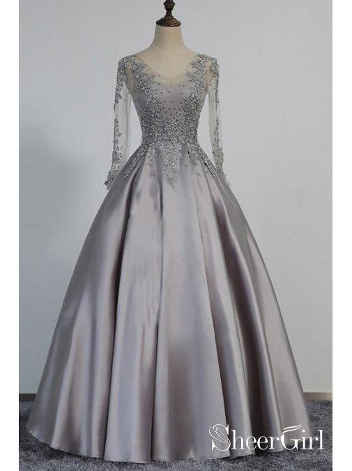 Long Sleeves Silver Grey Prom Dresses ...